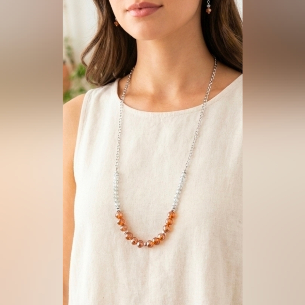 Paparazzi Orange Silver Faceted Bead Necklace Set